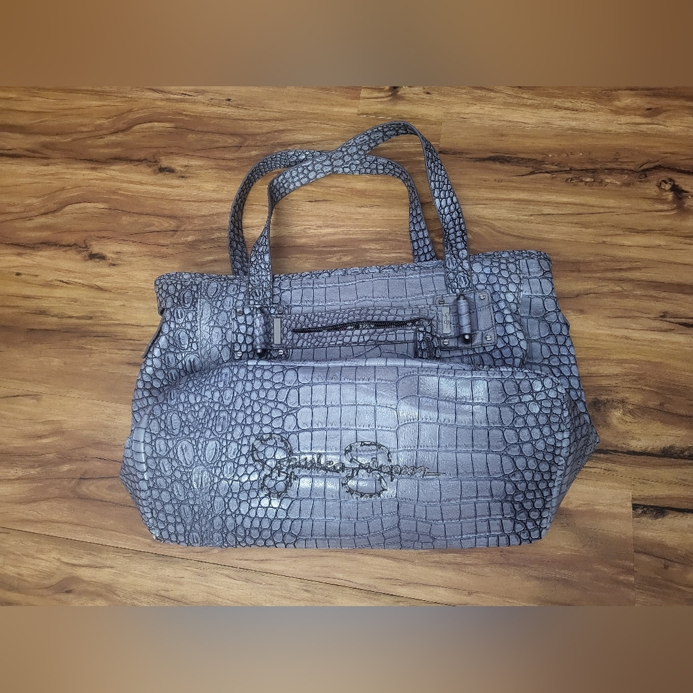Jessica Simpson Purse, Handbag, Large, Gray, Snake Skin, Alligator Design, 20"